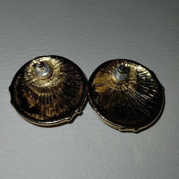 Vintage Gold Color & Red Circular Stud Back Costume Jewelry Earrings - Picture 3 of 4